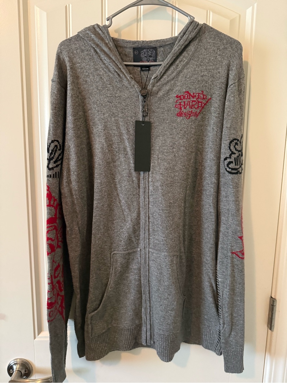 Ed Hardy Grey Zip Hoodie with Red Logo Detail